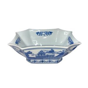 Vintage Blue & White Octagonal Porcelain Bowl – Asian Pagoda Scene